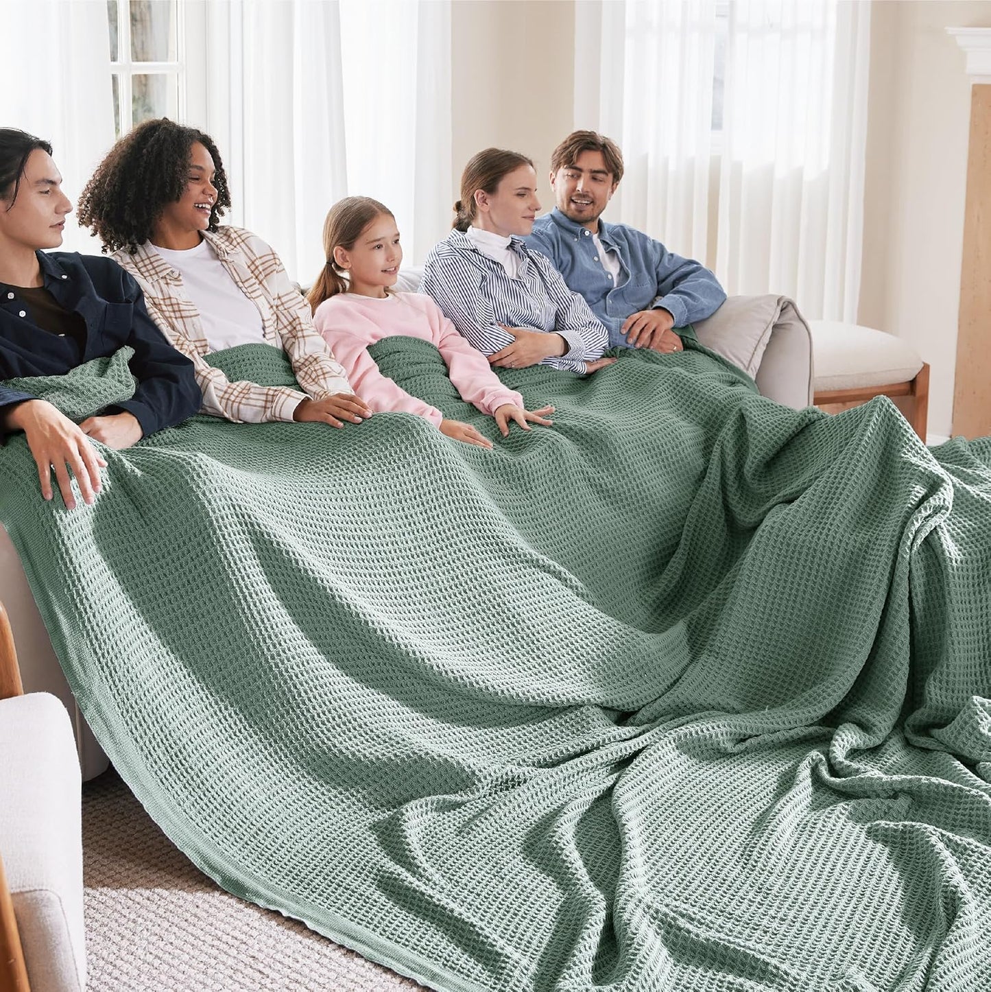 Bedsure 100% Cotton Blanket Queen Size for Bed - Breathable and Soft, Waffle Weave Blanket for Summer Spring, White, 90x90 Inches