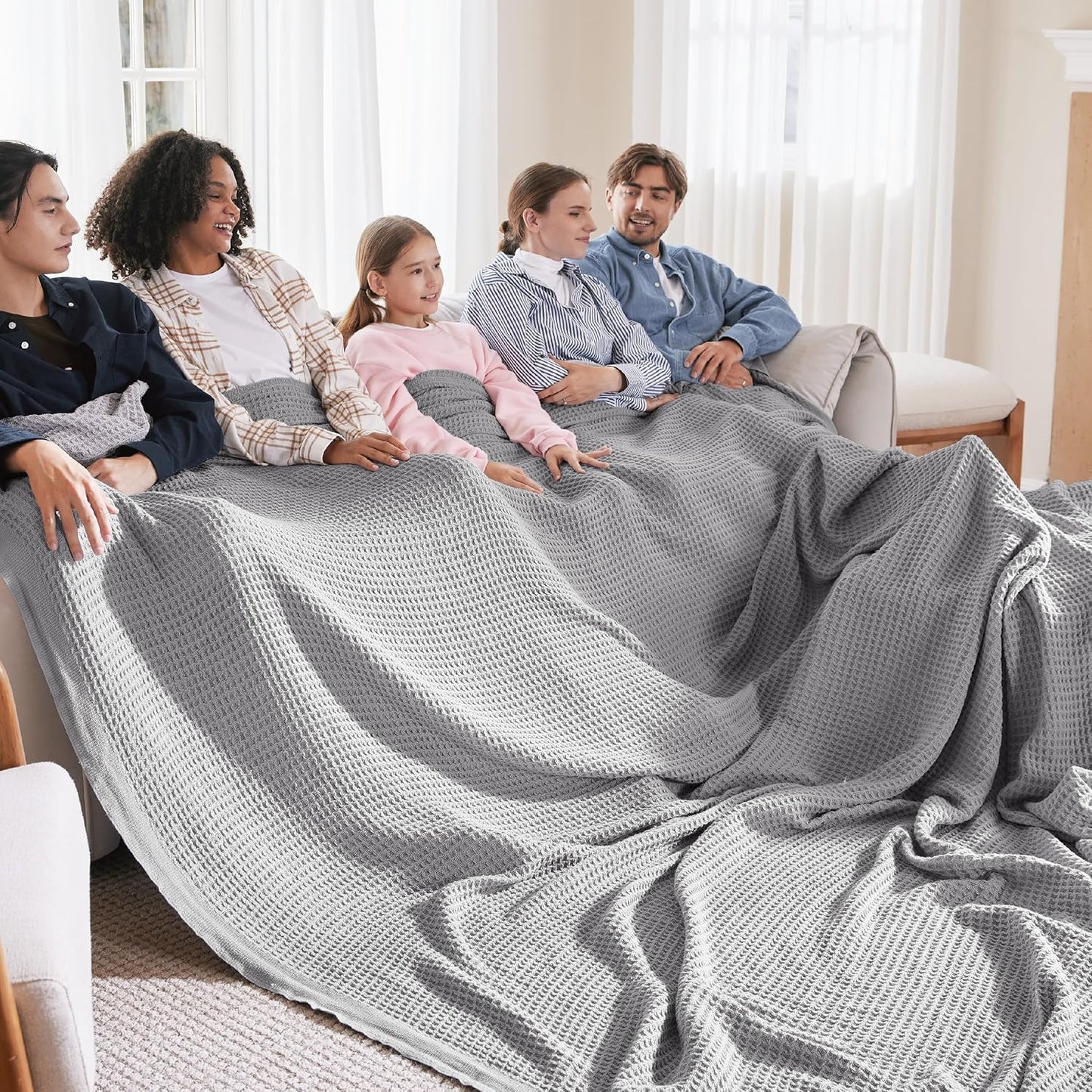 Bedsure 100% Cotton Blanket Queen Size for Bed - Breathable and Soft, Waffle Weave Blanket for Summer Spring, White, 90x90 Inches