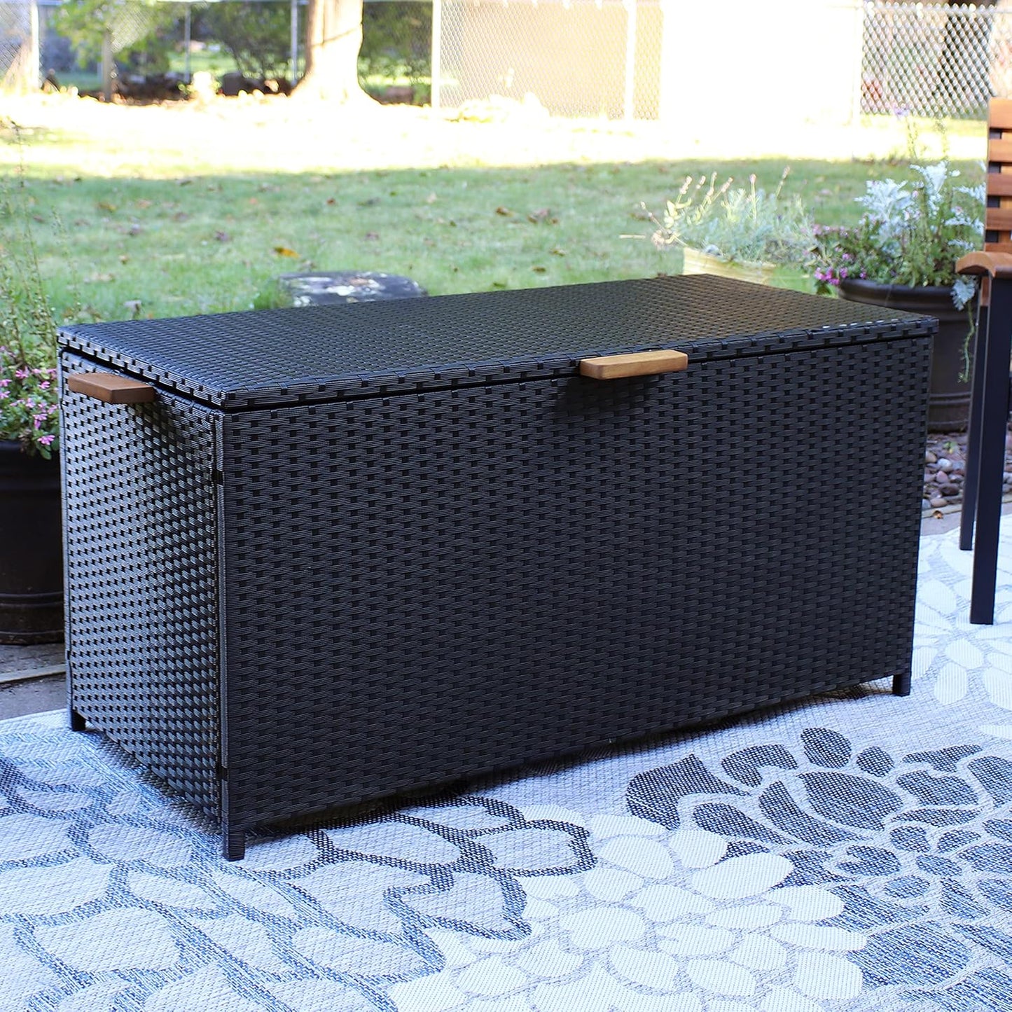 Sunnydaze Faux Wicker Storage Box - Outdoor Deck Box with Handles - 75-Gallon Front Door Package Delivery Box with Hinged Lid - Black